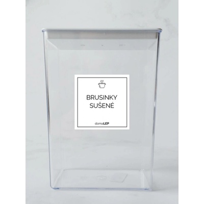 DomaLEP BRUSINKY SUŠENÉ bílá samolepka na dózu základní písmo 5 x 5 cm
