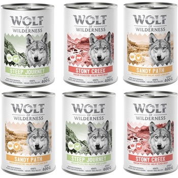 Wolf of Wilderness 6x400 г Wolf of Wilderness, консревирана храна за кучета, без зърно - смесена опаковка