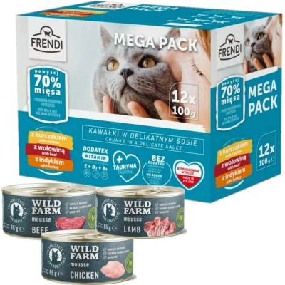Frendi sáčky pro kočky (kuřecí/hovězí/krůtí) 12x100g + WILD FARM Mousse Mix chutí 3x85 g