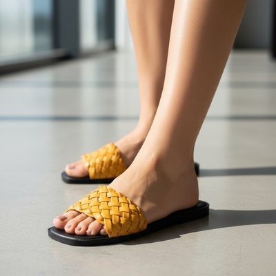 Свежи дамски чехли от еко кожа в жълт цвят