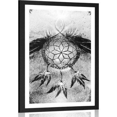 Plakát s paspartou indiánský lapač snů v černobílém provedení - 40x60 white