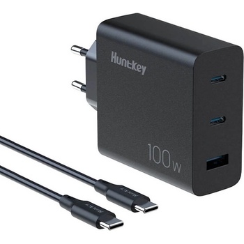 Huntkey P100 Fast Wall Charger 100W - захранване за ел. мрежа за мобилни устройства с 1xUSB-A и 3xUSB-C изходи с технология за бързо зареждане и USB-C кабел (черен)