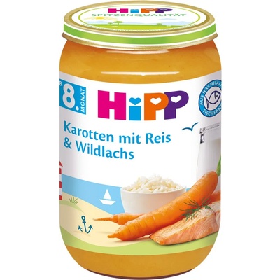 Hipp Био пюре Hipp - Моркови с ориз и дива сьомга, 220 g (6535)