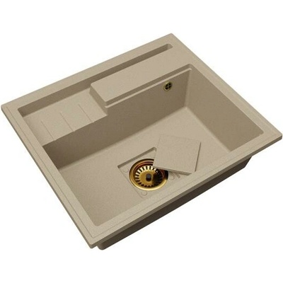 DobreSny Granitový dřez ELITE 6052 BÉŽOVÝ + zlatý sifon 60 x 52 x 21,5cm