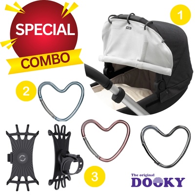 Super Combo : Dooky Original - Сенник с UPF50+ Grey + Стойка за телефон Black + Кука за количка Dooky Original (DK-126701+DK-128010+DK-126972)