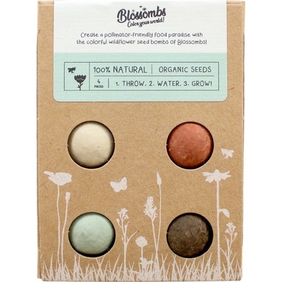 Blossombs Semínkové bomby - Dárková sada mini (4 ks) - Blossombs Sada semínek divokých květin Blossombs Mini – 4 ks, zelená barva, žlutá barva, přírodní barva, papír