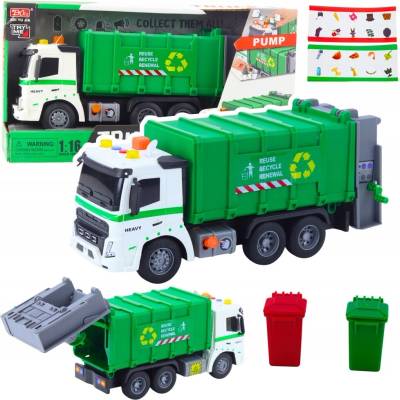 LEAN Toys Popelářské auto se světly a zvuky, zelené, 1:16, kontejner na odpad