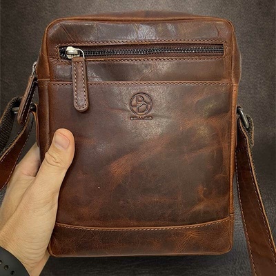 Pánská hnědá kožená Crossbody taška přes rameno M z pravé kůže