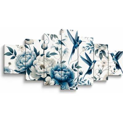 Obraz - Kolibríky s kvetmi, sedemdielne 210x100 cm