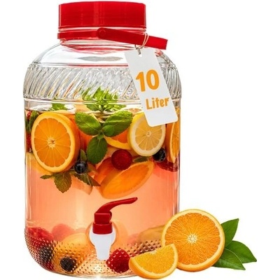 Dávkovač nápojů Relaxdays, 10 litrů, sklo, na studené nápoje, kohoutek, víko, rukojeť pro