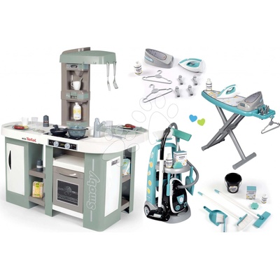 Smoby Set kuchynka elektronická s bublaním Tefal Studio Kitchen XL Bubble 360° a upratovací vozík s elektronickým vysávačom a žehliaca doska