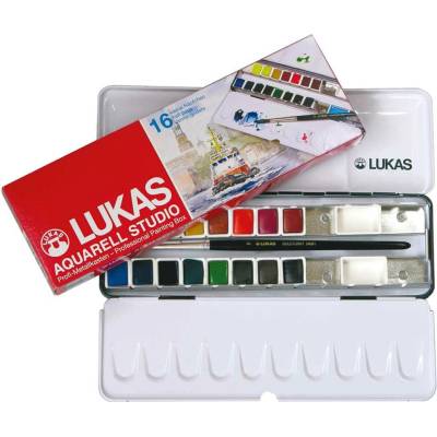 Sada akvarelových barev LUKAS Studio v plechové krabičce – 16 půlpánviček se štětcem