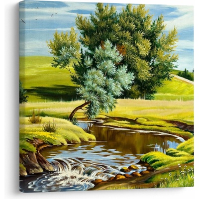 Obraz - Řeka mezi loukami, olejomalba, jednodílný 40x40 cm