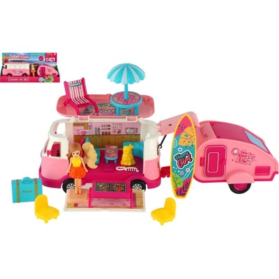 Teddies Auto obytné s vlekem retro s panenkou s doplňky v krabici