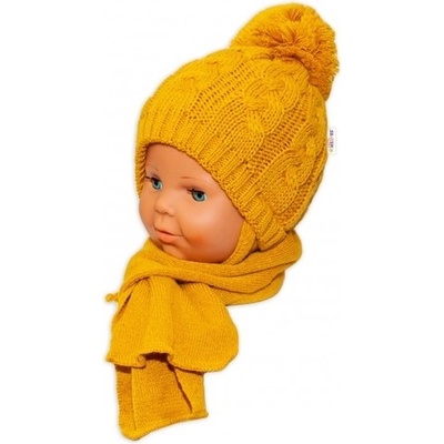 Baby Nellys Zimná pletená čiapočka s šálom Baby Bear horčicová s brmbolcami