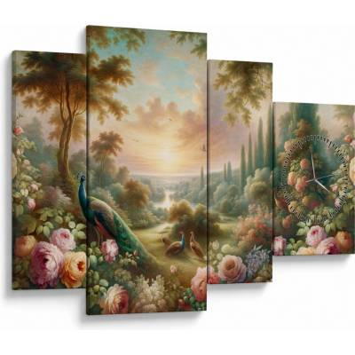 Obraz - Pávi v zahradě (s hodinami), Čtyřdílný 110x75 cm s hodinami