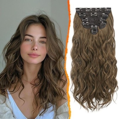 Barsdar Clip in prodlužování vlasů pro ženy, 50 cm dlouhé vlnité hnědé vlasy Clip in 6 kusů
