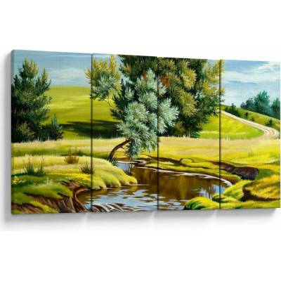 Obraz - Řeka mezi loukami, olejomalba, Čtyřdílný 160x80 cm