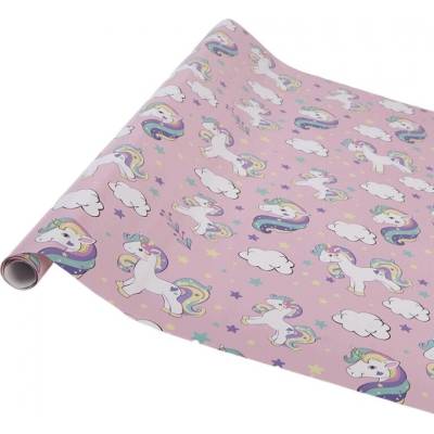Clayre & Eef Ružový baliaci papier s motívom poníkov a dúhy – 3 rolky 50 x 75 cm
