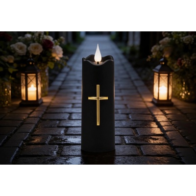 LED sviečka 5 × 15,5 cm čierna so zlatým krížom