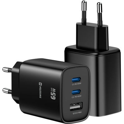 Swissten Síťový Adaptér Edge GaN 2x USB-C PD 65W + 1x USB-A 18W QC Černý