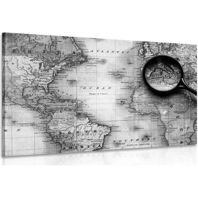 Obraz čiernobiela mapa sveta s lupou