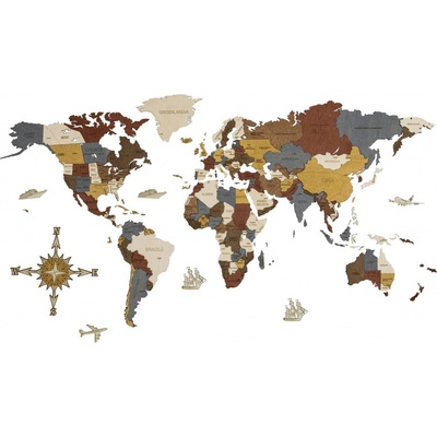 Dřevěná mapa na zeď 4D / 3D - Luxusní nástěnné mapy ze dřeva 250x125cm - INDIGO