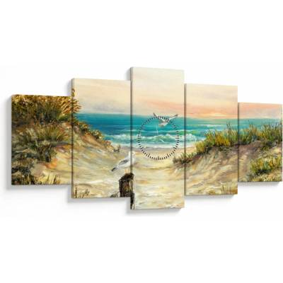 Obraz - Piesočná pláž (s hodinami), päťdielne 150x80 cm s hodinami