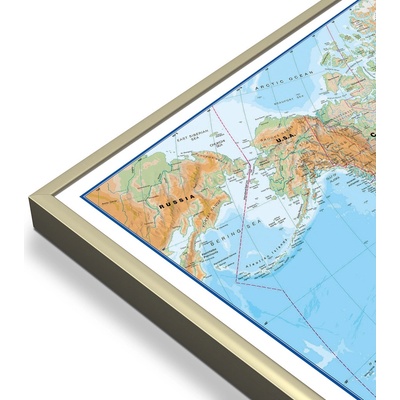 Maps International Svět - nástěnná fyzická mapa 135 x 85 cm Varianta: mapa v hliníkovém rámu, Provedení: zlatý matný rám