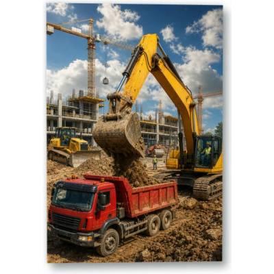 Plakát – Rypadlo nakládající zeminu do sklápěcího vozu 90 × 135 cm Bez rámu Ne Bez rámu