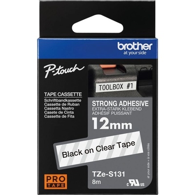 Brother TZe-S131 12 mm priehľadná čierna tlač 8 m laminovaná extrémne adhezívna TZES131