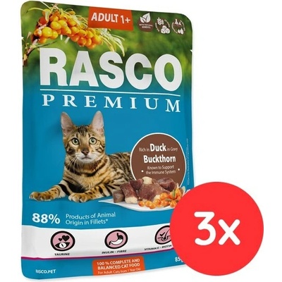 Rasco Premium Cat Adult, kachna, rakytník 3x85 g