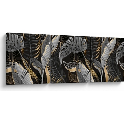 Obraz - Tropické listy v čierno-zlatej, trojdielne 150x50 cm