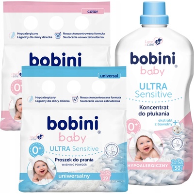 Bobini hypoalergenní prací prášek na bílé a barevné prádlo 2 x 1,4 kg + koncentrát gel 1,8 l