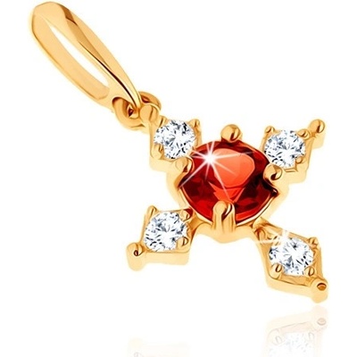 Šperky Eshop Přívěsek ve žlutém 14K zlatě kříž s čirými zirkonovými rameny červený granát S2GG91.02