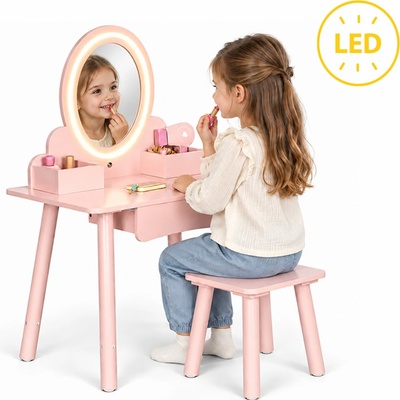 ECOTOYS Dřevěný dětský toaletní stolek LED zrcadlo zásuvka taburet 6 doplňků růžový