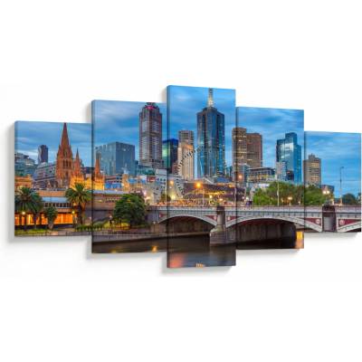 Obraz mesta Melbourne (s hodinami), päťdielne 150x80 cm s hodinami