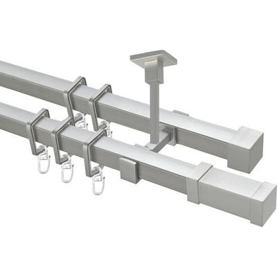 OK-GarnýžeCZ Garnýž kovová hranatá dvouřadá 20x20mm Zanotti satina 230 cm do stěny / kroužky s žabkou