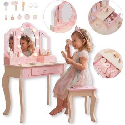 Milly Mally Queen Pink Detský drevený toaletný stolík s LED zrkadlom