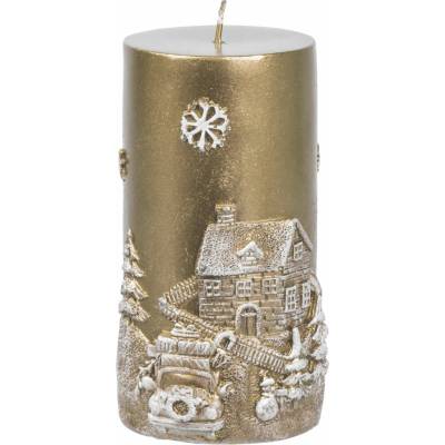 Sviečka MagicHome Vianoce, 7x12,5 cm, zlatá, s 3D krajinkou