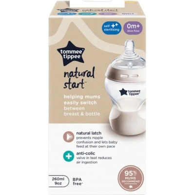 Tommee Tippee Natural Start samosterilizační kojenecká láhev s Anti Colic savičkou pomalý průtok 1 ks čirá 260 ml