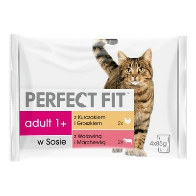 Perfect Fit Kot Adult Beef and Chicken 4 x krmivo v hovädzej a mrkvovej omáčke kuracím mäsom a hráškom 340 g 85 g