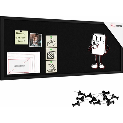 ALLboads Textilná (plstená) tabuľa 100 × 40 cm čierna, v čiernom drevenom ráme, TFBLACK104BK