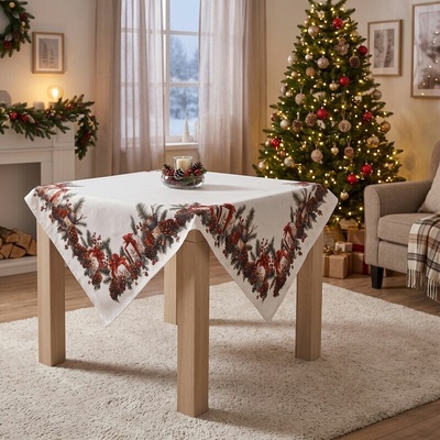 Forbyt Ubrus vánoční Dárečky s červenými mašlemi a šišky 40x140cm