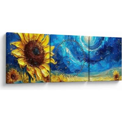 Obraz - Maľba slnečníc (s hodinami), trojdielne 90x30 cm s hodinami