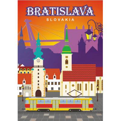 Ceduľa plechová Slovensko Bratislava s električkou - farebná