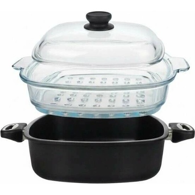 SKK Set pro parní vaření Titanová pánev 26x26/8 cm skleněný parní nástavec a poklice indukční