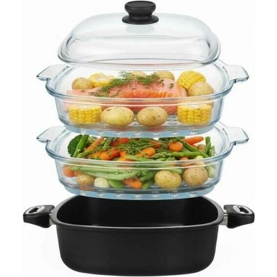 SKK Set pro patrové parní vaření Titanová pánev 26x26 cm 2x skleněný parní nástavec poklice indukční