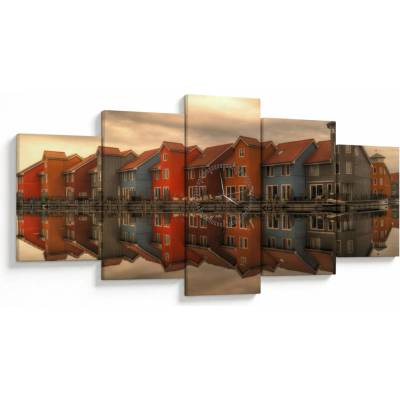 Obraz farebných domčekov (s hodinami), päťdielne 150x80 cm s hodinami