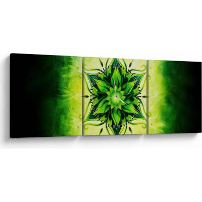 Obraz - Kvetinová mandala v zelenom pozadí (s hodinami), trojdielne 90x30 cm s hodinami
